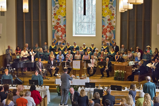 Members of the congregation join the Chancel Choir, the Joyful Ringers bell choirs, and the brass quintet in performing Handel's Messiah at the conclusion of Easter service at Grace Presbyterian Church, 7434 Bath Street, Springfield, Va.  27 March 2016